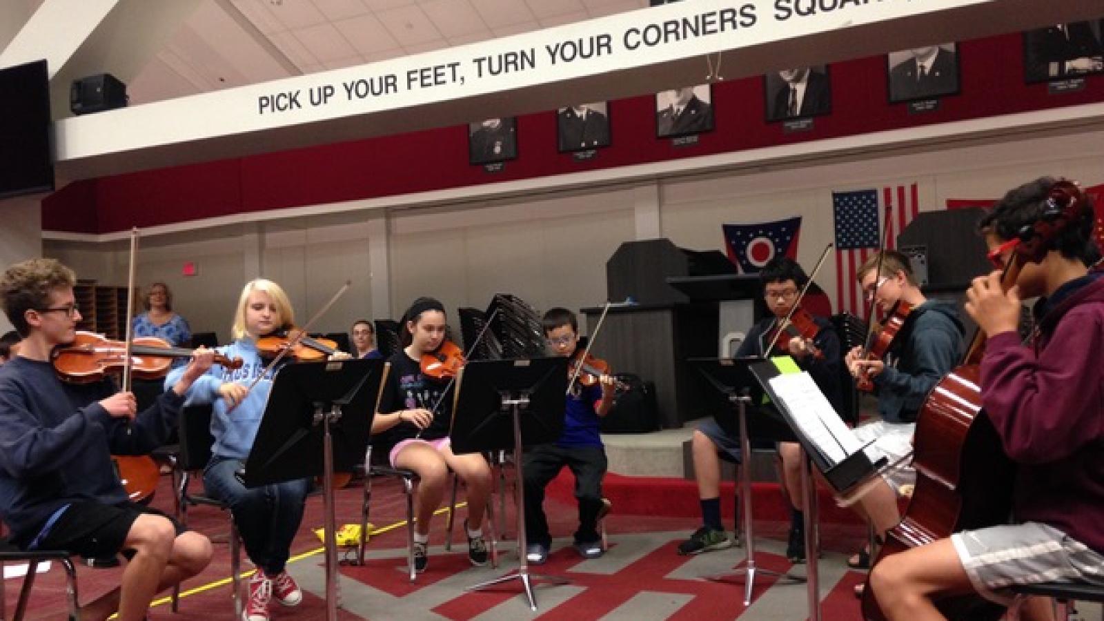 Morning Strings ensemble rehearsal in Ohio Stadium Band Center